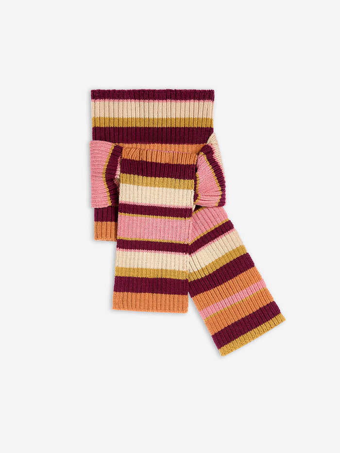 A multicolored striped neck scarf on a light gray background 