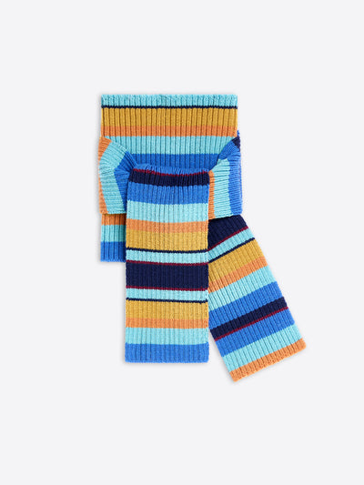 A multicolored striped neck scarf on a light gray background 