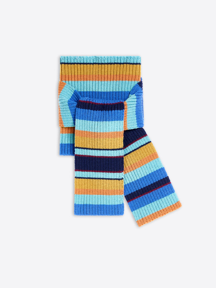 A multicolored striped neck scarf on a light gray background 