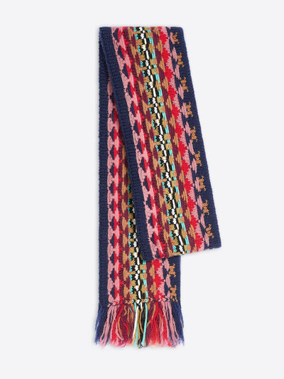 A multicolor woven scarf with geometric print, featuring navy blue borders and fringed ends, displayed on a light gray background.