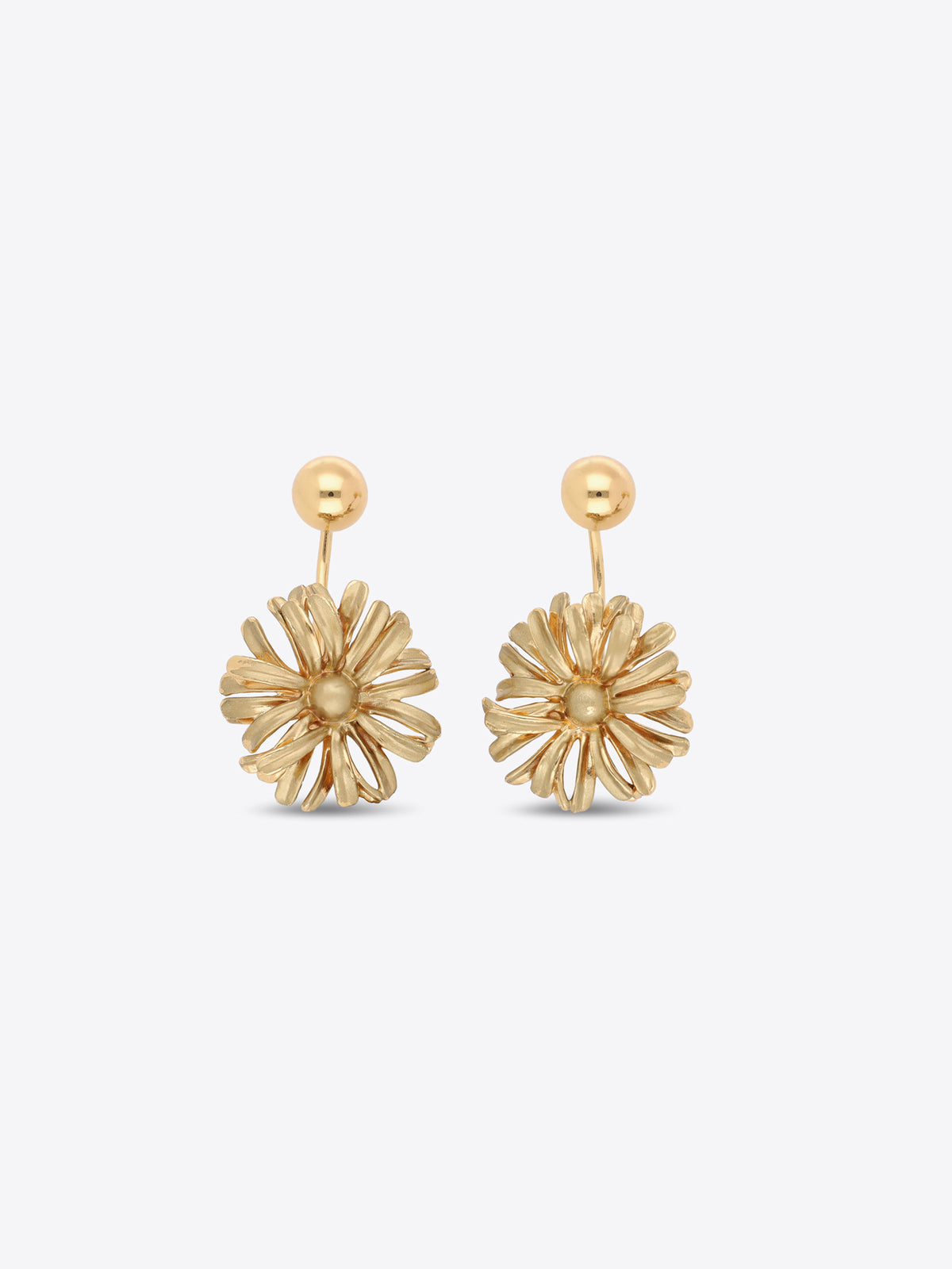 Pair of gold-toned flower drop earrings with spherical studs and layered petals on a light gray background.