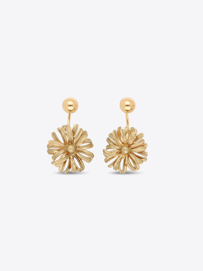 Pair of gold-toned flower drop earrings with spherical studs and layered petals on a light gray background.
