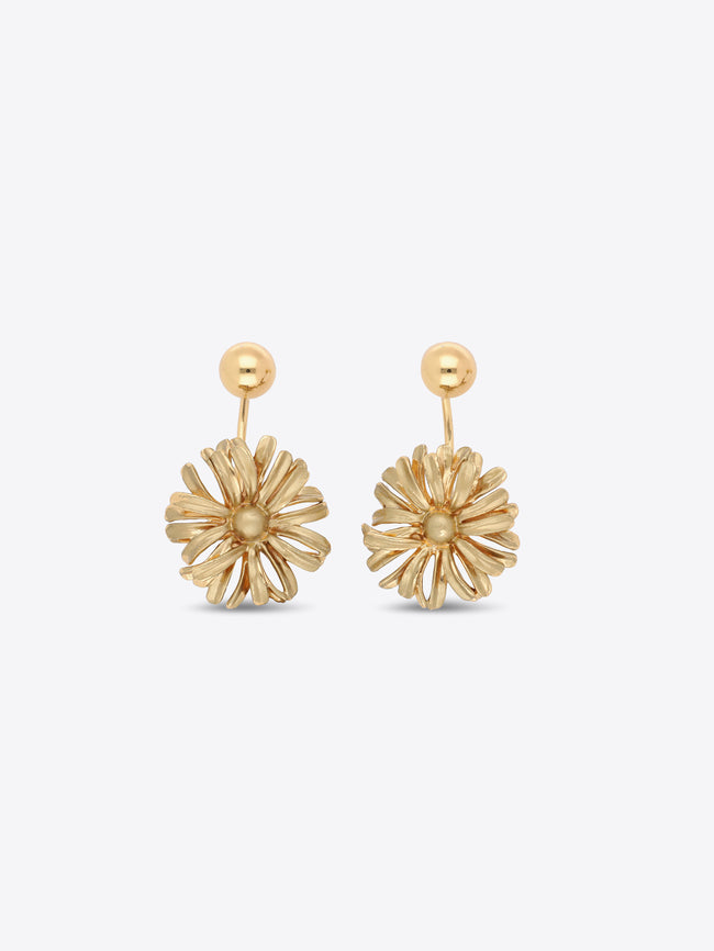 Pair of gold-toned flower drop earrings with spherical studs and layered petals on a light gray background.