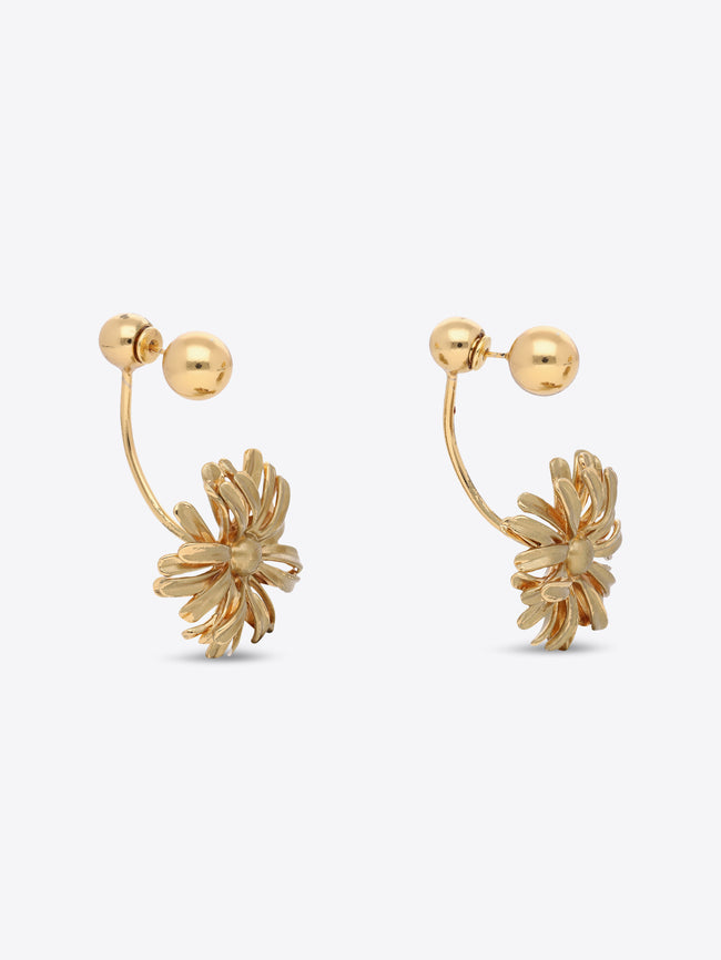 Pair of gold-toned flower drop earrings with spherical studs and layered petals on a light gray background.