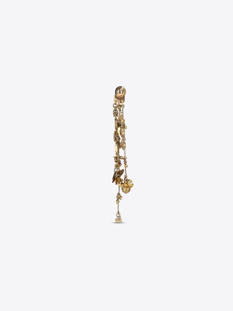 Single old brass drop earring with cascading chains, floral details, and dangling charms on a light gray background.