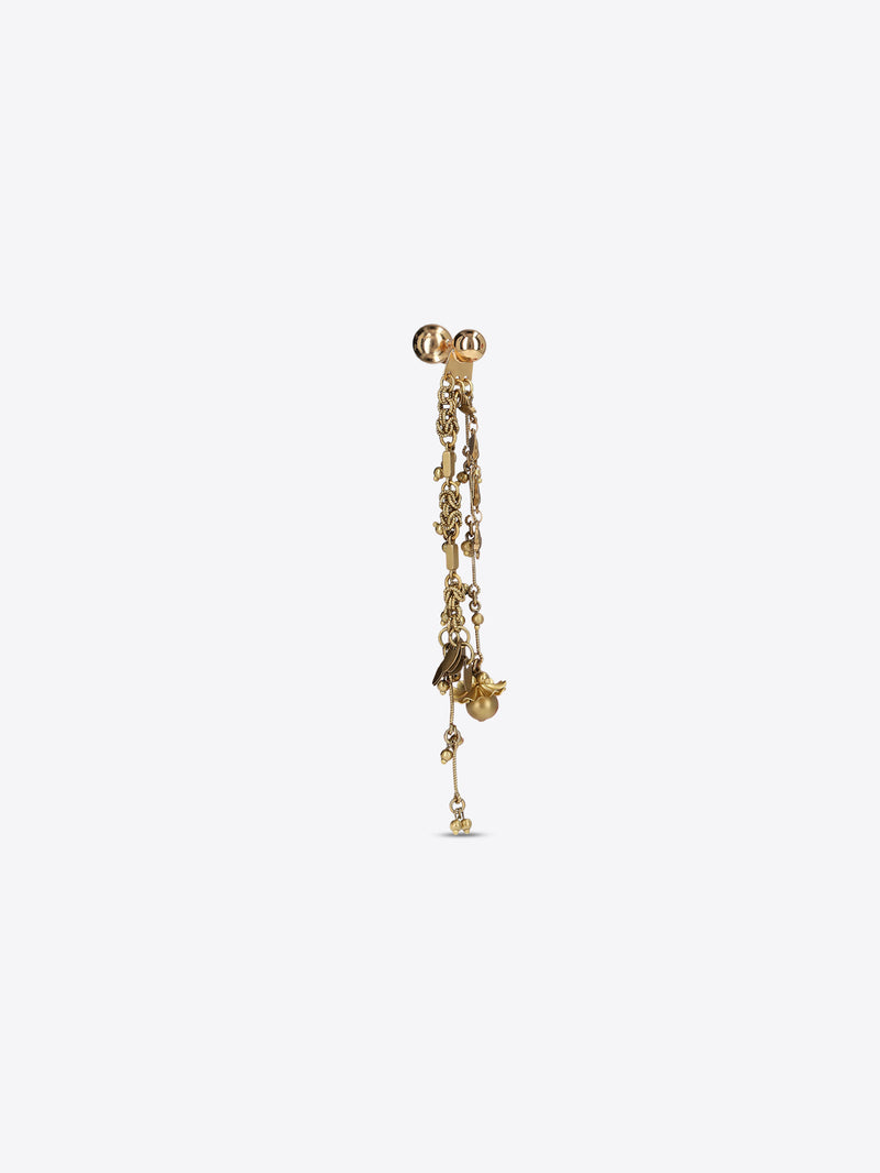 Single old brass drop earring with cascading chains, floral details, and dangling charms on a light gray background.