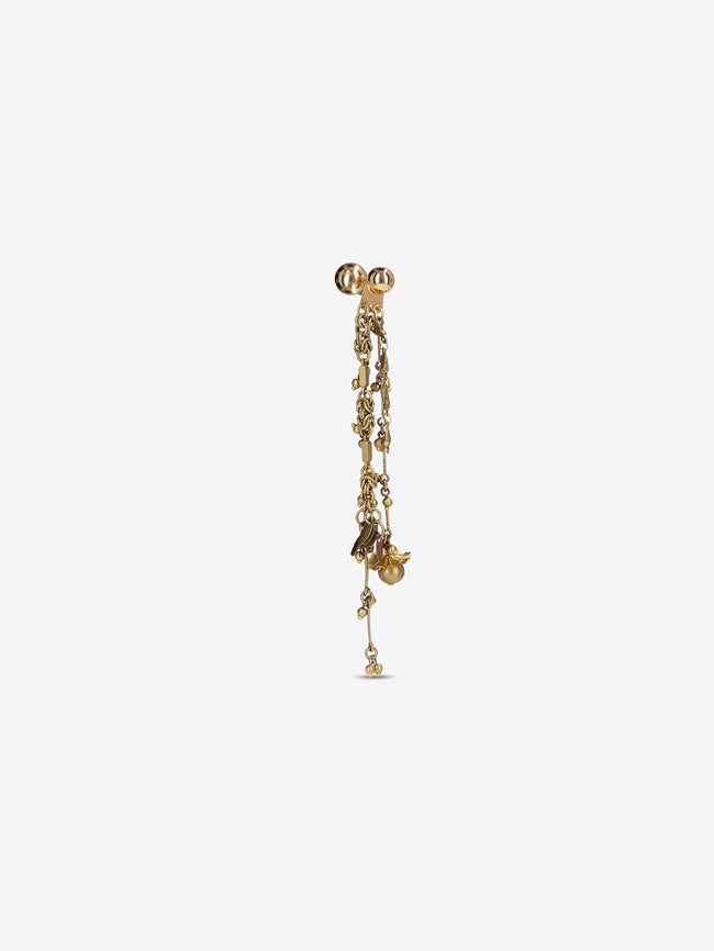 Single old brass drop earring with cascading chains, floral details, and dangling charms on a light gray background.
