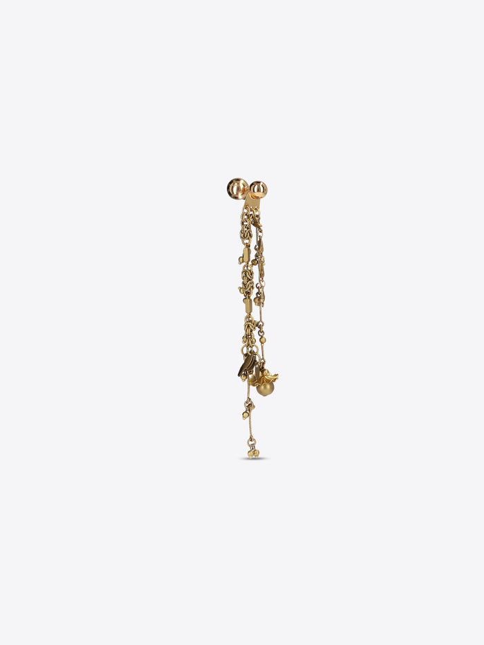 Single old brass drop earring with cascading chains, floral details, and dangling charms on a light gray background.