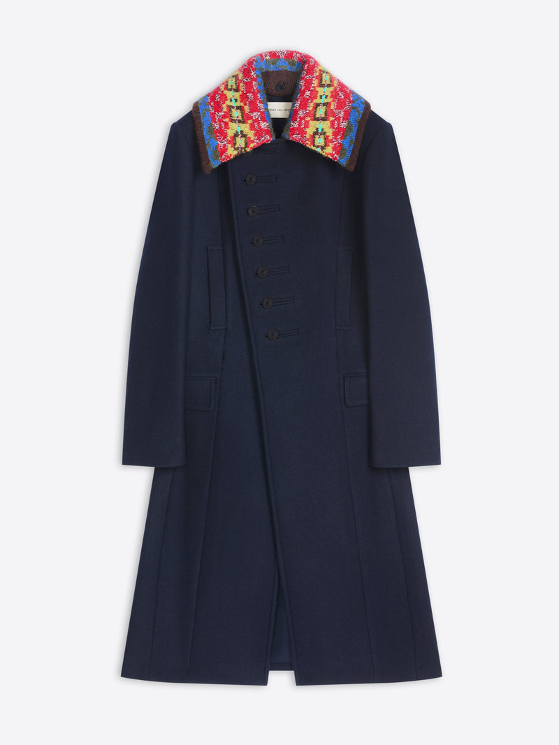 Navy coat with a colorful patterned collar on a white background