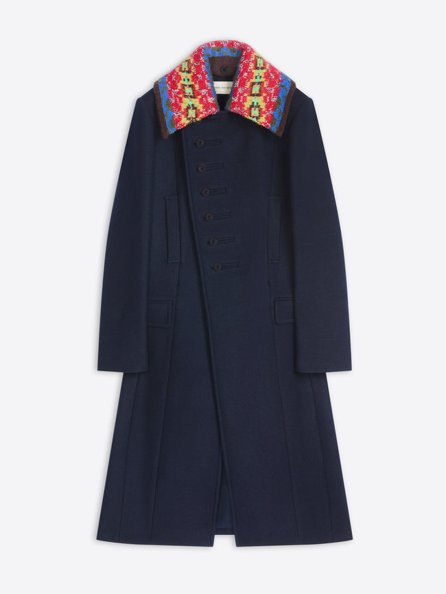 Navy coat with a colorful patterned collar on a white background