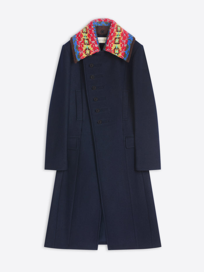 Navy coat with a colorful patterned collar on a white background
