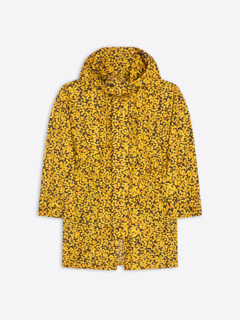 Yellow floral-patterned coat on a white background