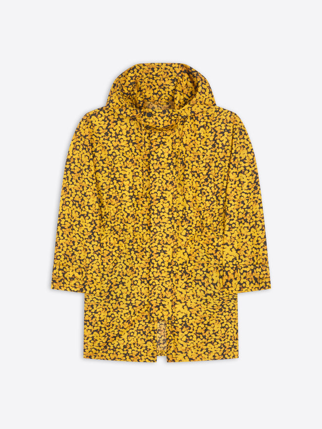 Yellow floral-patterned coat on a white background
