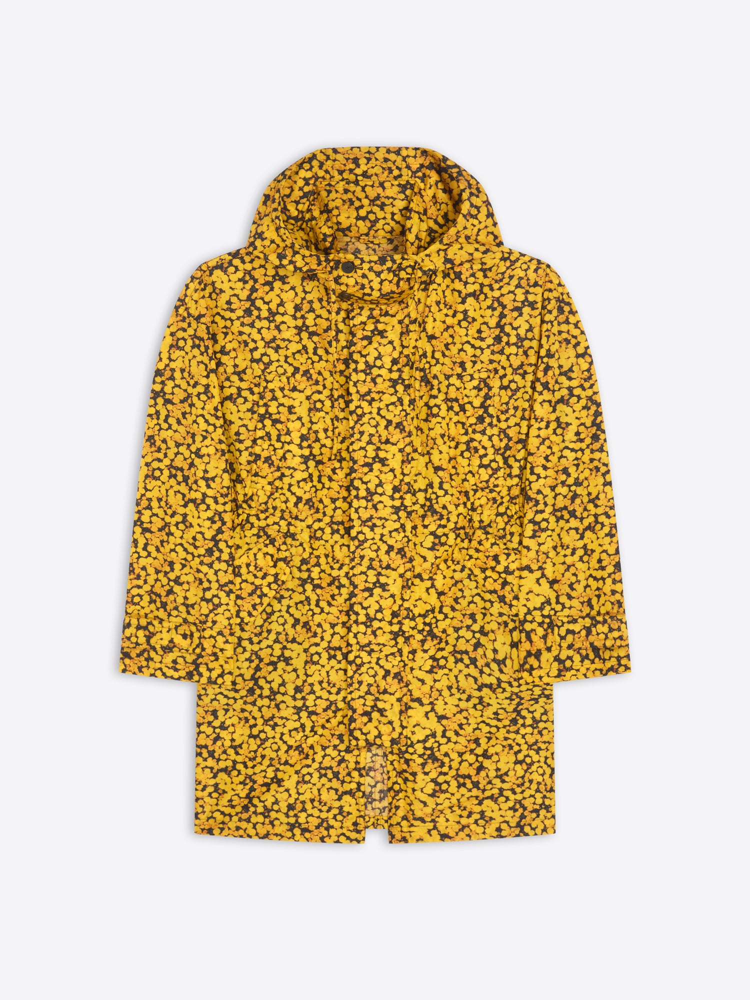 Yellow floral-patterned coat on a white background