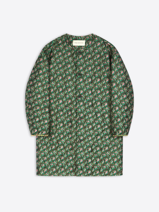 Green floral patterned coat on a white background