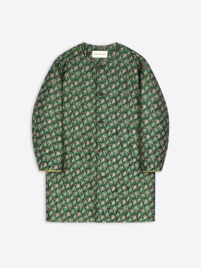 Green floral patterned coat on a white background