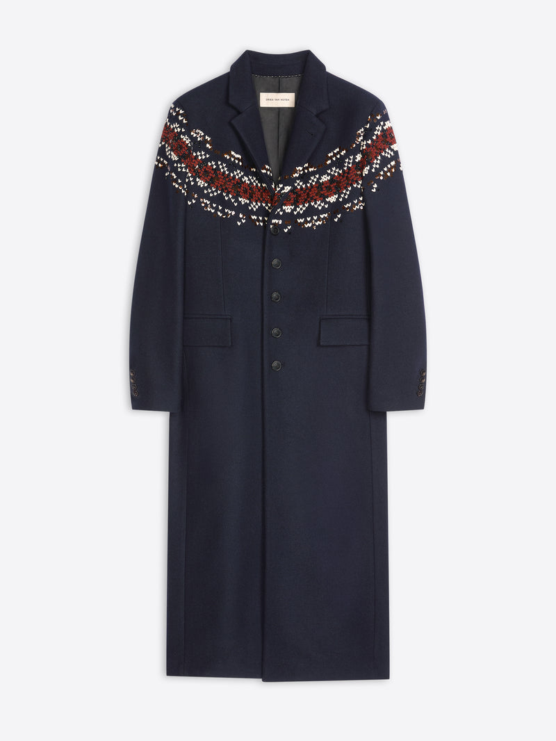 Navy coat with patterned sleeves on a white background