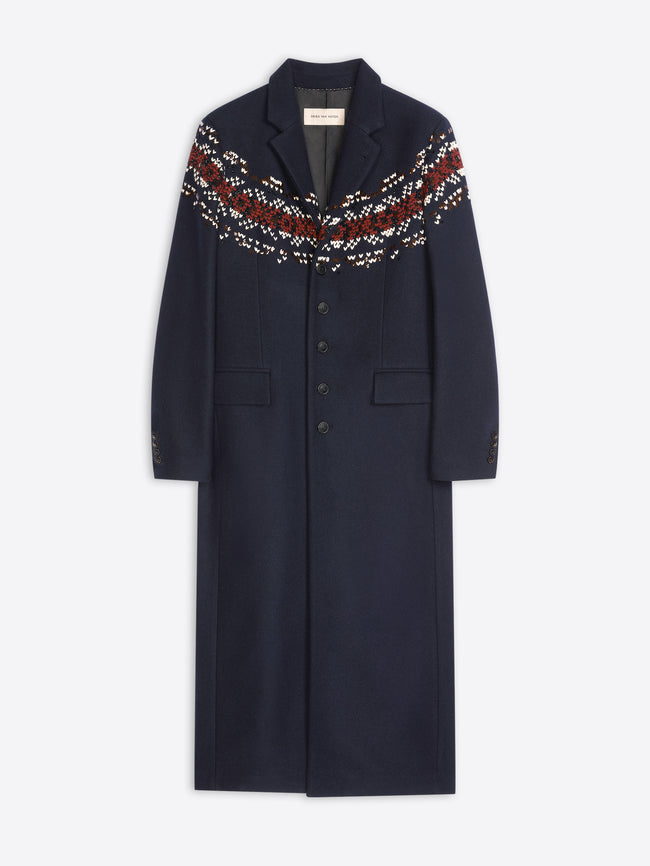 Navy coat with patterned sleeves on a white background