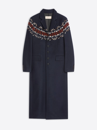 Navy coat with patterned sleeves on a white background