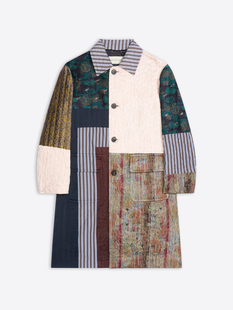 Multicolored patchwork coat with striped collar on a white background