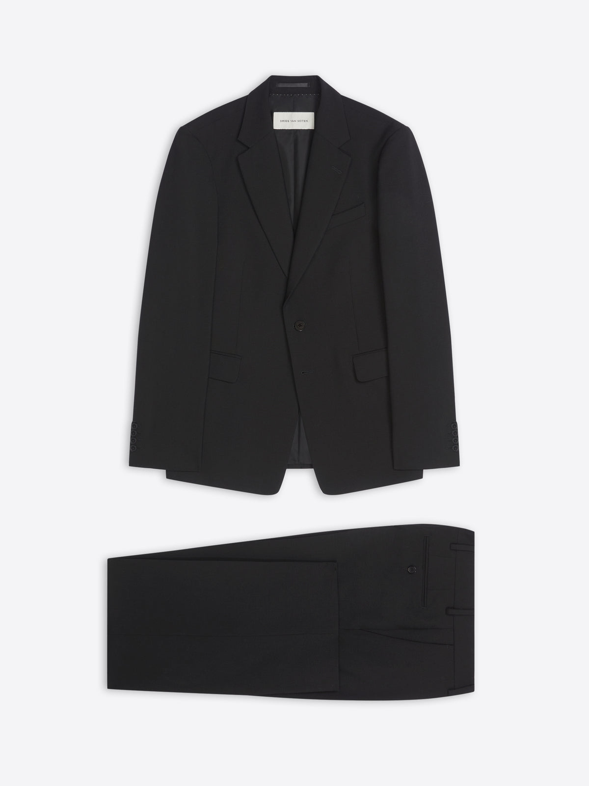 Black suit jacket and pants on a white background