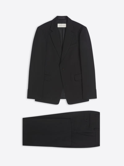 Black suit jacket and pants on a white background