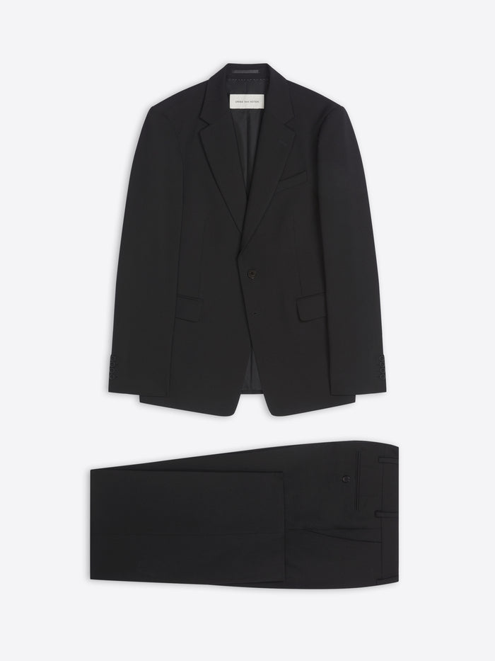 Black suit jacket and pants on a white background