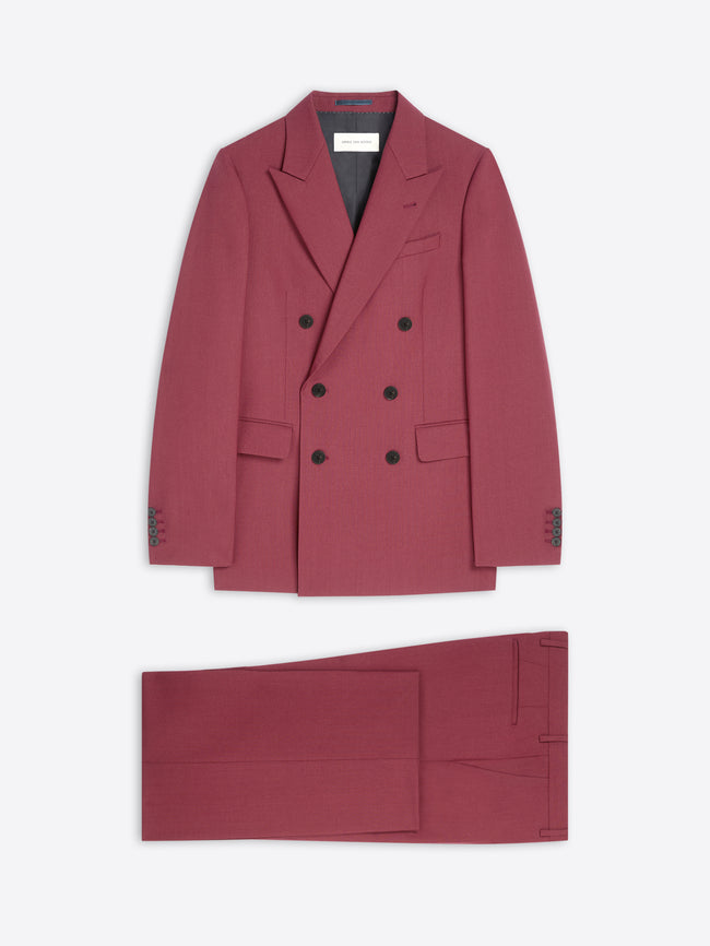 Burgundy suit jacket and pants on a white background