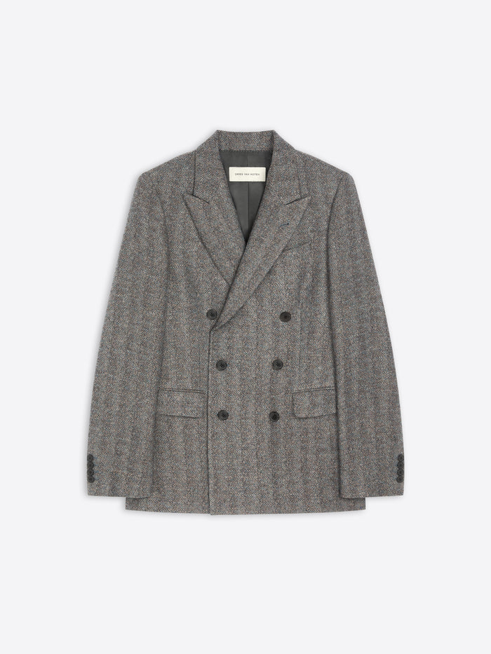 Gray double-breasted coat on a white background