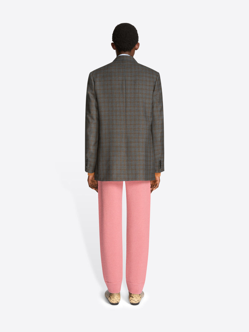 Back view of a man wearing a gray blazer, pink pants, and shoes on a white background