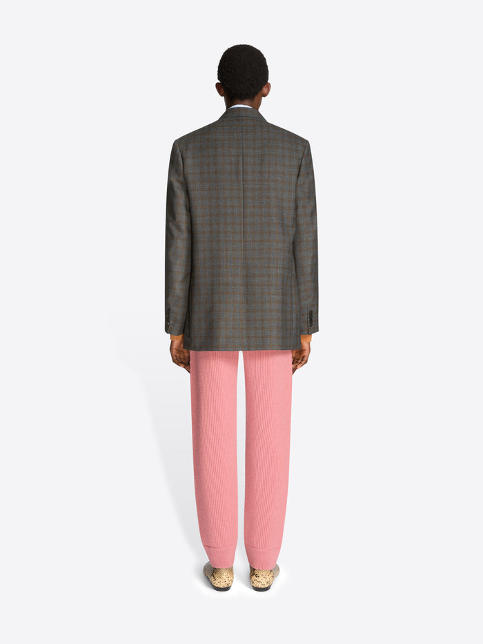 Back view of a man wearing a gray blazer, pink pants, and shoes on a white background
