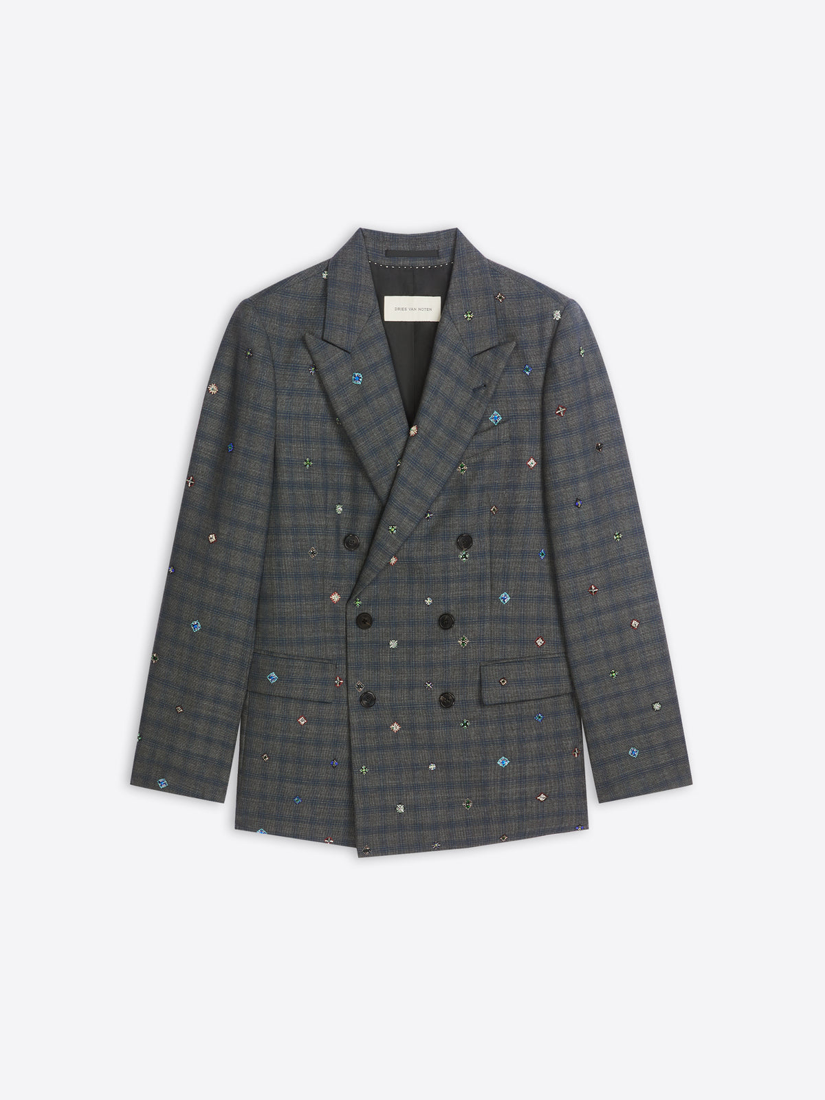 Plaid blazer with colorful embellishments on a white background