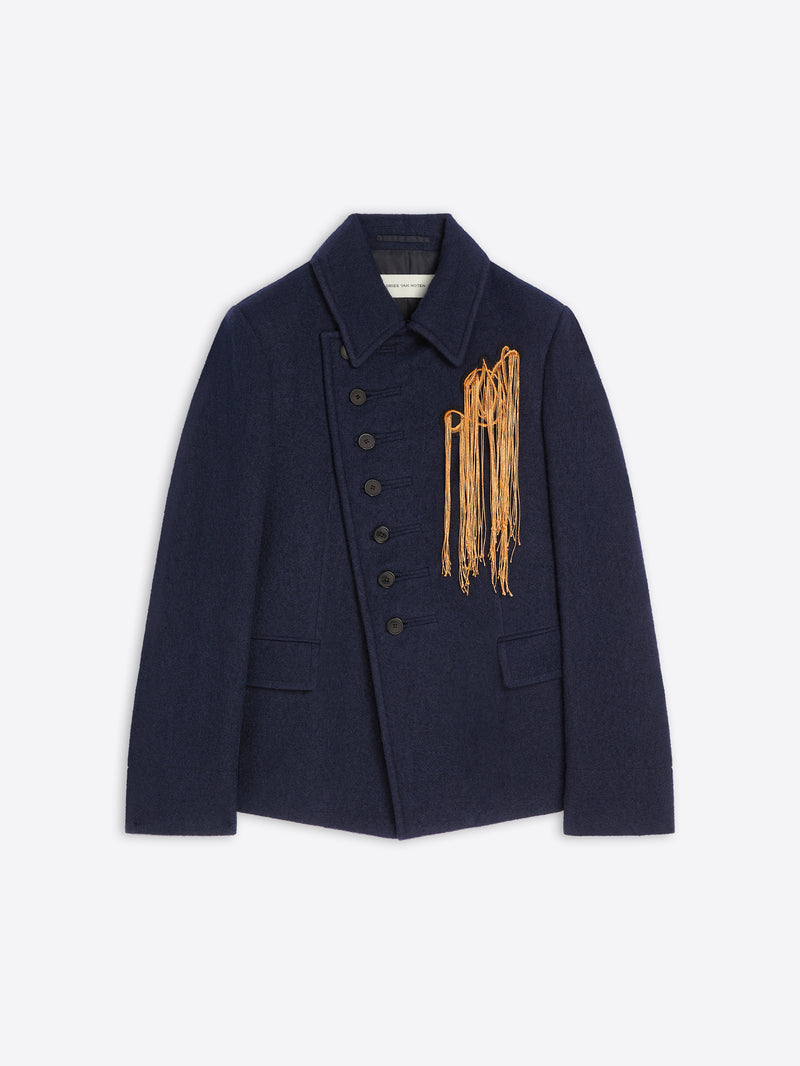 Navy blue jacket with decorative elements on a white background