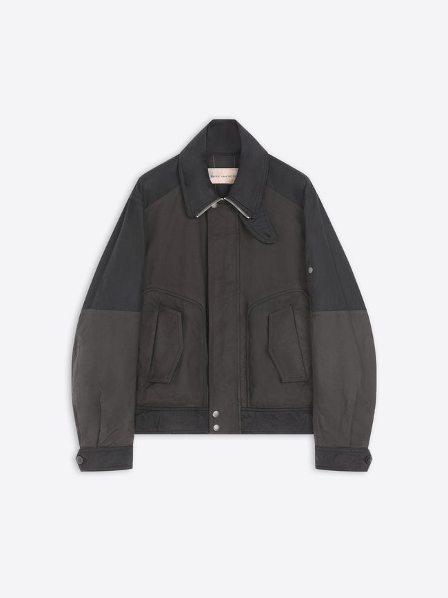 Dark gray jacket with contrasting sleeves on a white background