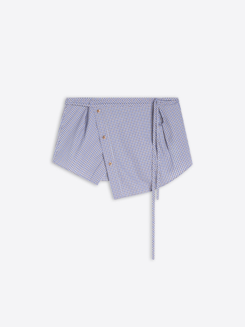 Blue and white checkered wrap belt on a light gray background