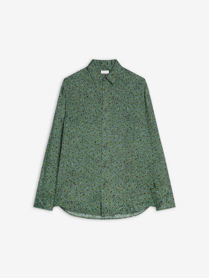 Green floral patterned button-up shirt on a white background 