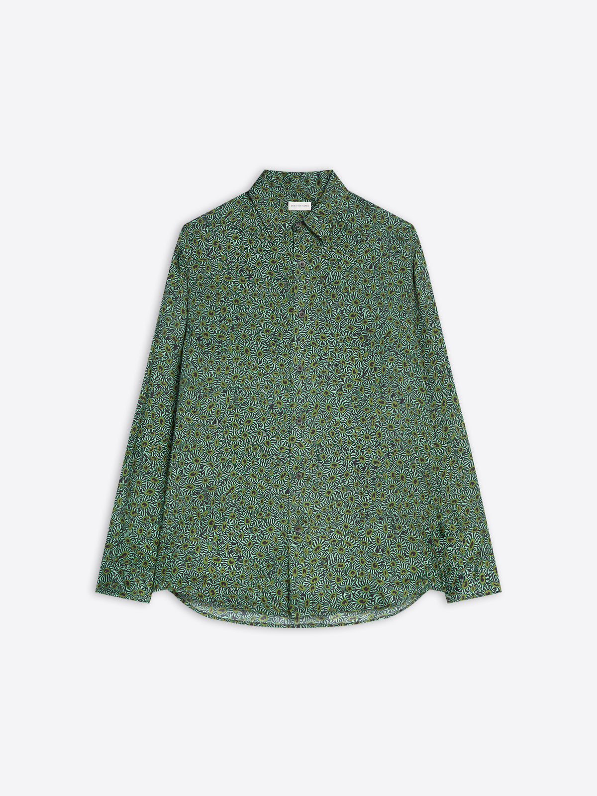 Green floral patterned button-up shirt on a white background 