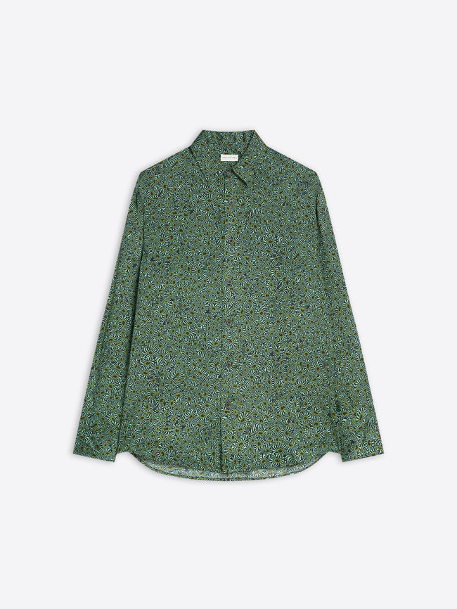 Green floral patterned button-up shirt on a white background 
