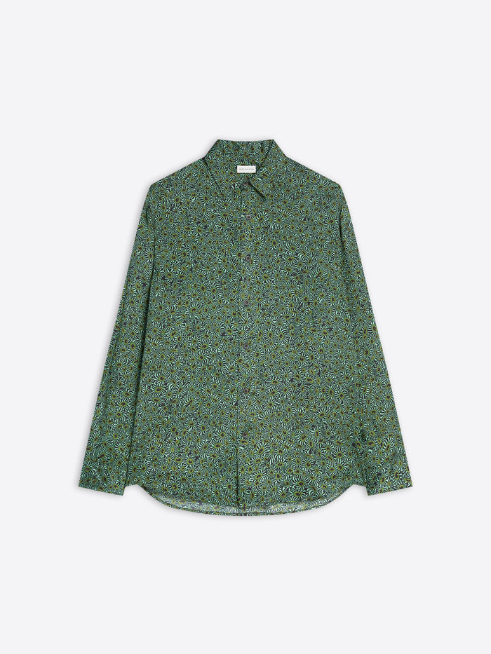 Green floral patterned button-up shirt on a white background 