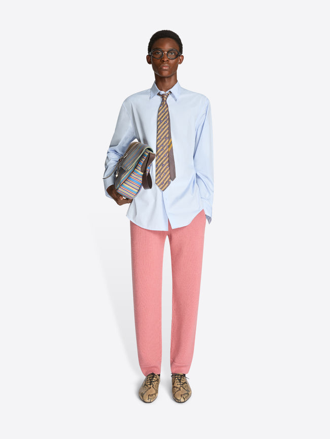 Person wearing a light blue shirt, pink pants, and patterned tie with a striped bag on a white background