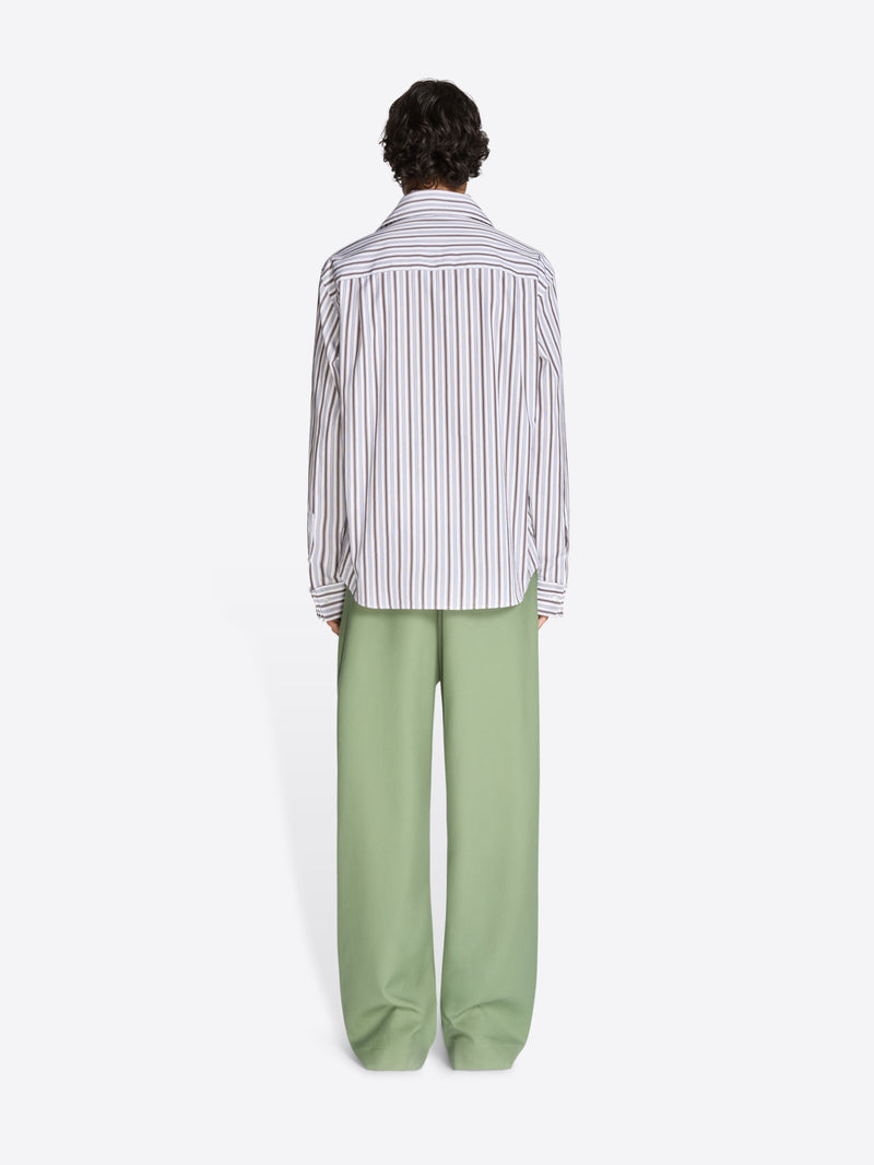 Back view of a person wearing a striped shirt and green pants on a white background