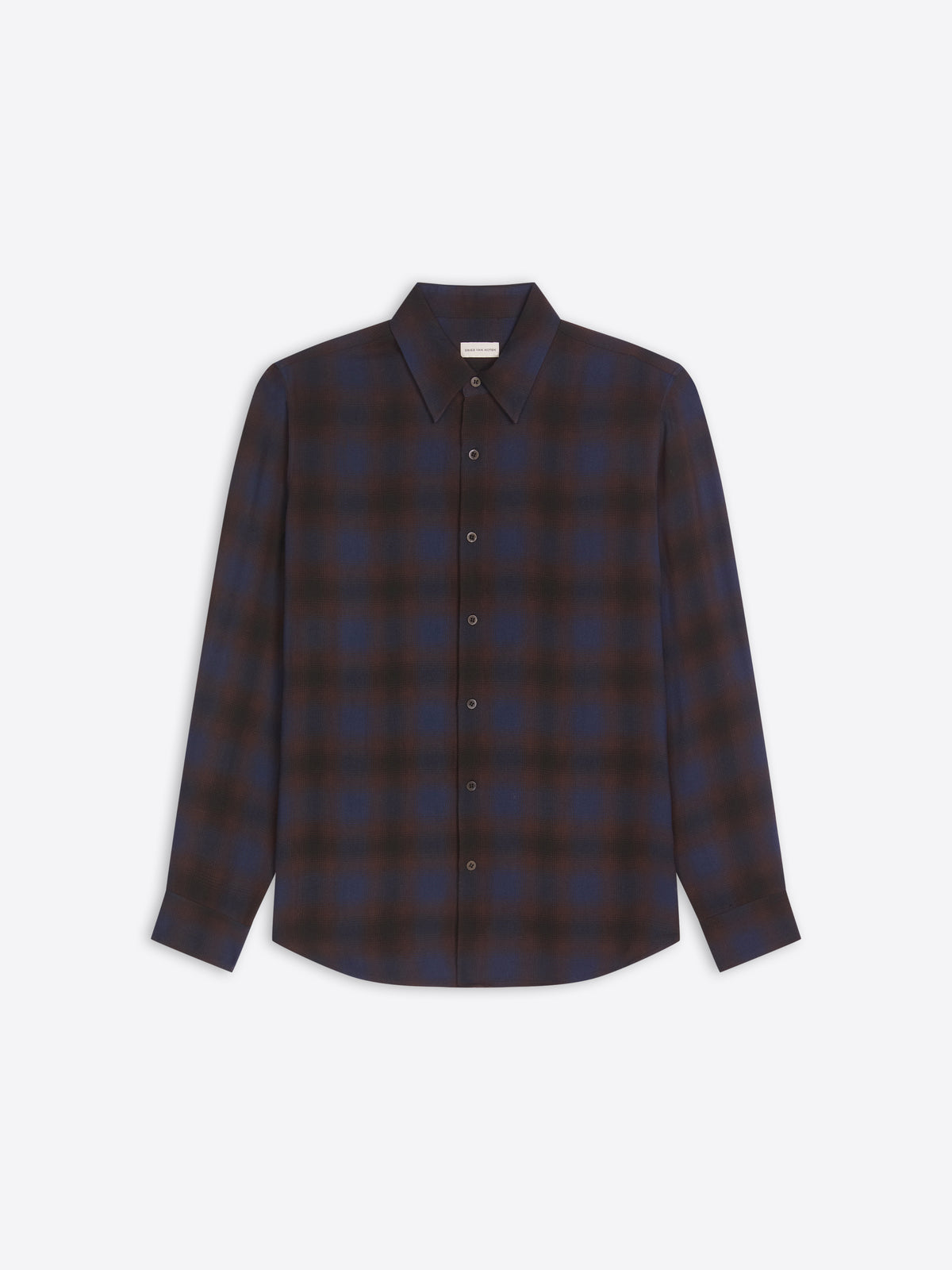 Plaid shirt with a dark brown and blue pattern on a light gray background