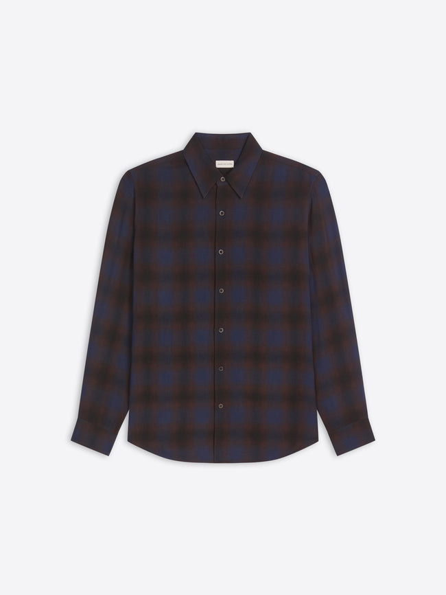 Plaid shirt with a dark brown and blue pattern on a light gray background