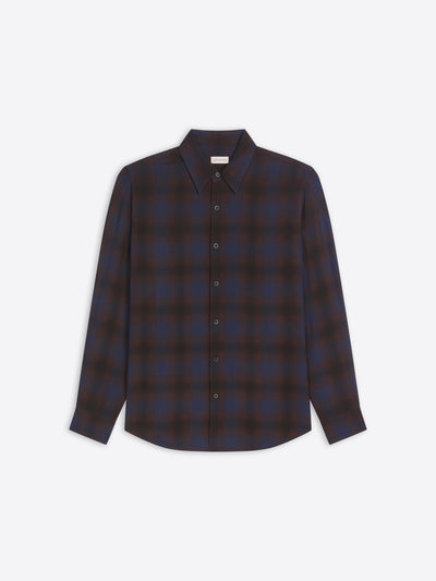 Plaid shirt with a dark brown and blue pattern on a light gray background