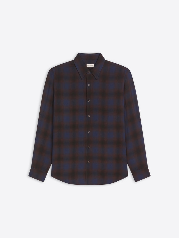 Plaid shirt with a dark brown and blue pattern on a light gray background