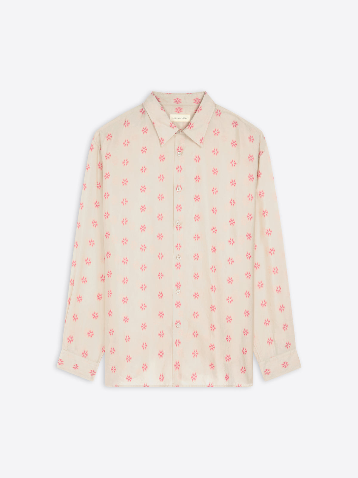 Beige shirt with red floral pattern on a white background