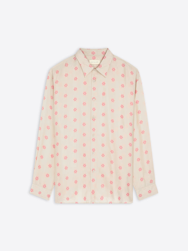 Beige shirt with red floral pattern on a white background