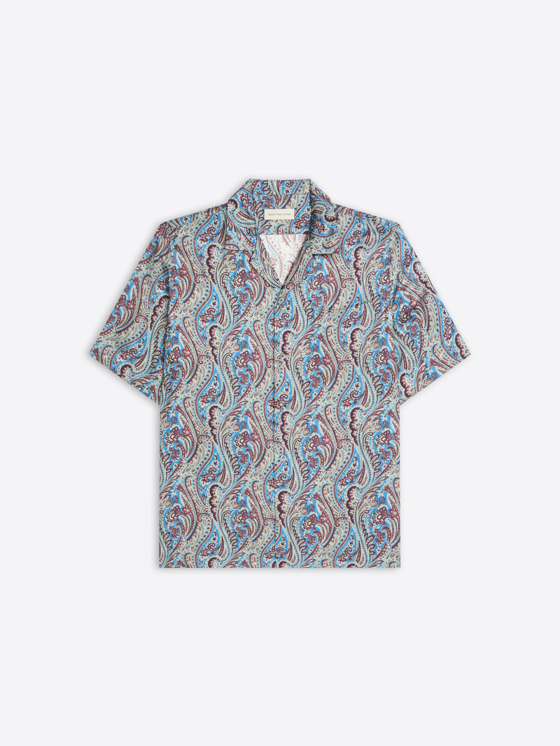 Short-sleeve shirt with a paisley pattern on a white background