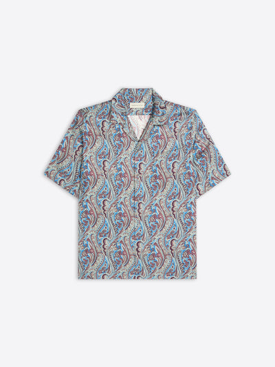 Short-sleeve shirt with a paisley pattern on a white background