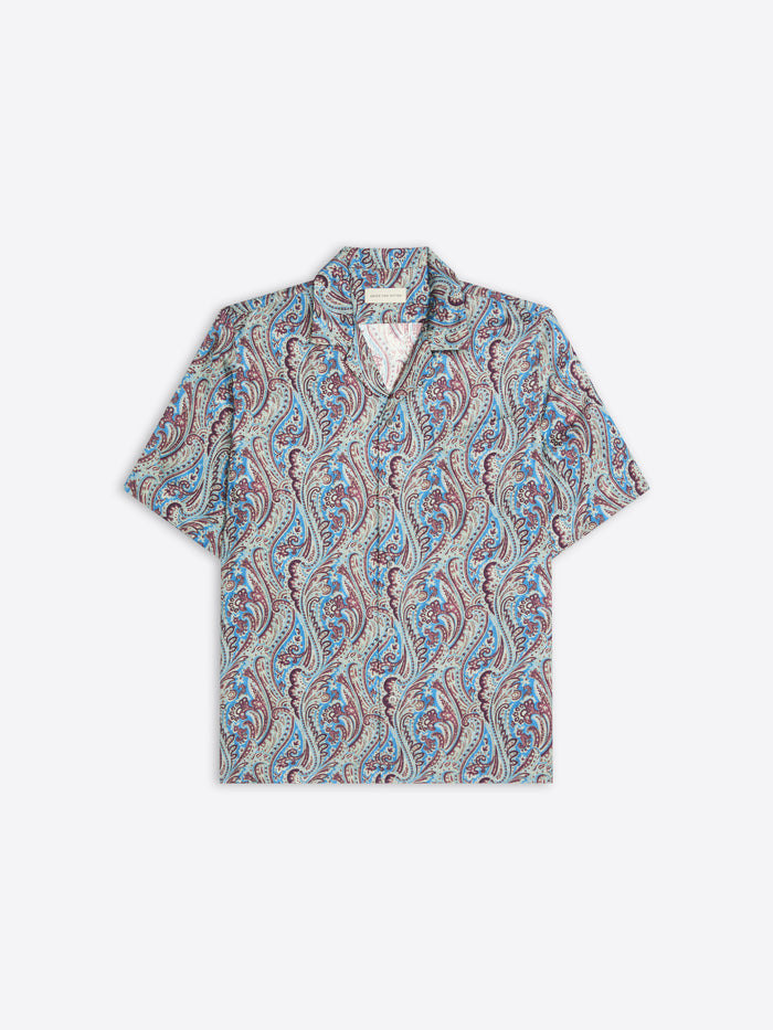 Short-sleeve shirt with a paisley pattern on a white background